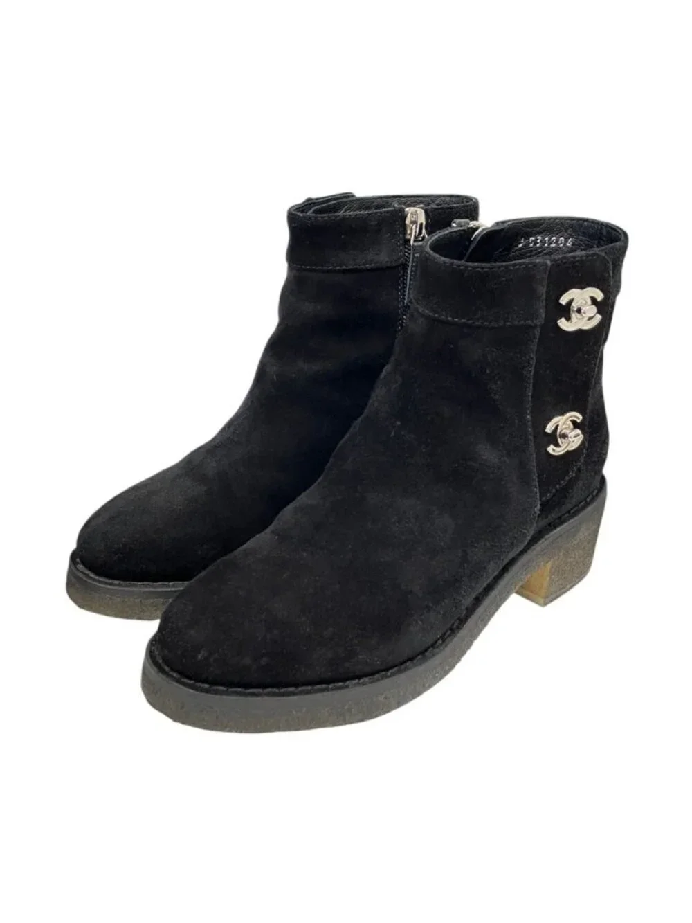 Chanel CC Logo Turnlock Suede Side Zip Short Boots Black